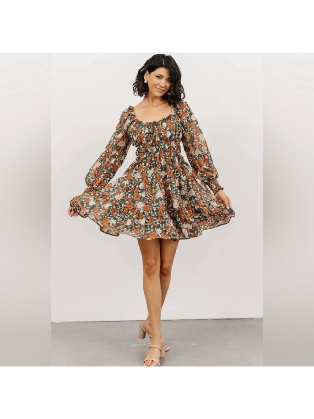 Baltic Born Beautiful Fall Mini Dress Long Sleeves Floral Flowy Ruched Waist
